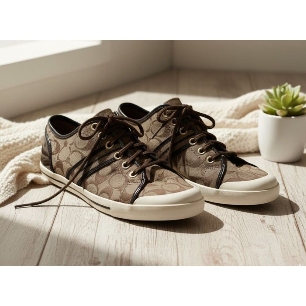 Coach Trainers Folly Sneakers Brown Signature Canvas Leather Trim Size 10